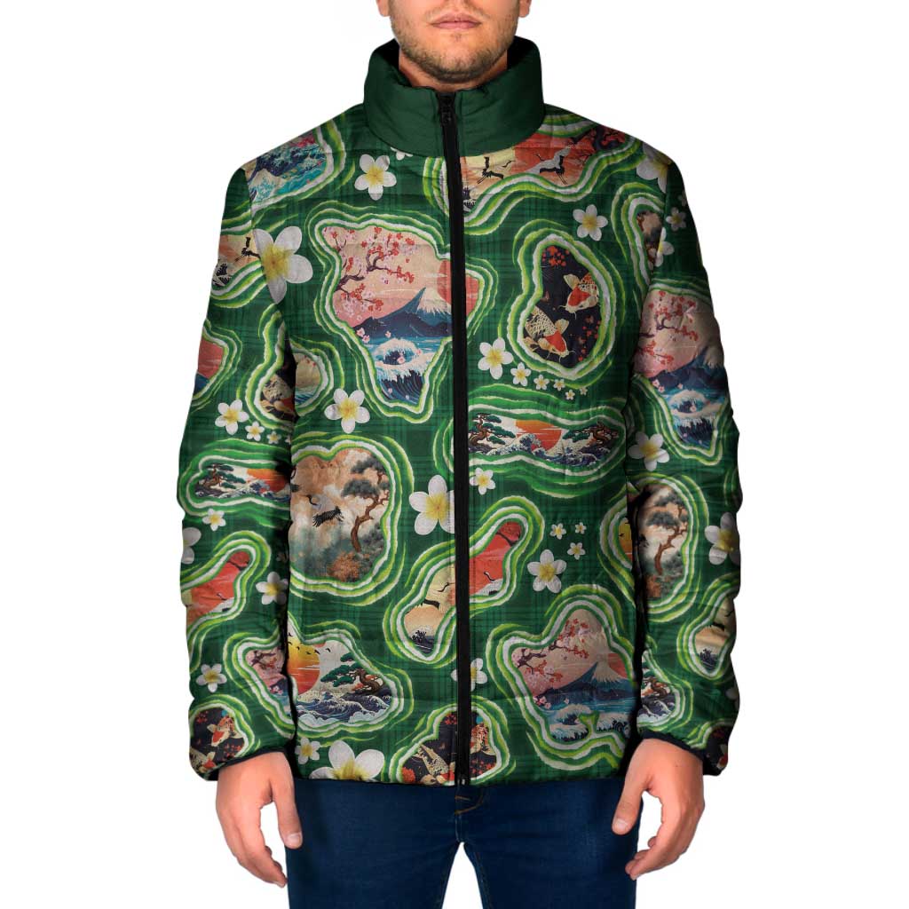 Hawaiian and Japanese Culture Together Padded Jacket Hawaiian Island Shapes with Japanese Landscape Green Color