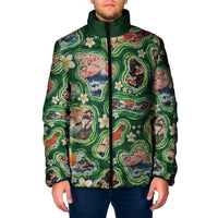 Hawaiian and Japanese Culture Together Padded Jacket Hawaiian Island Shapes with Japanese Landscape Green Color
