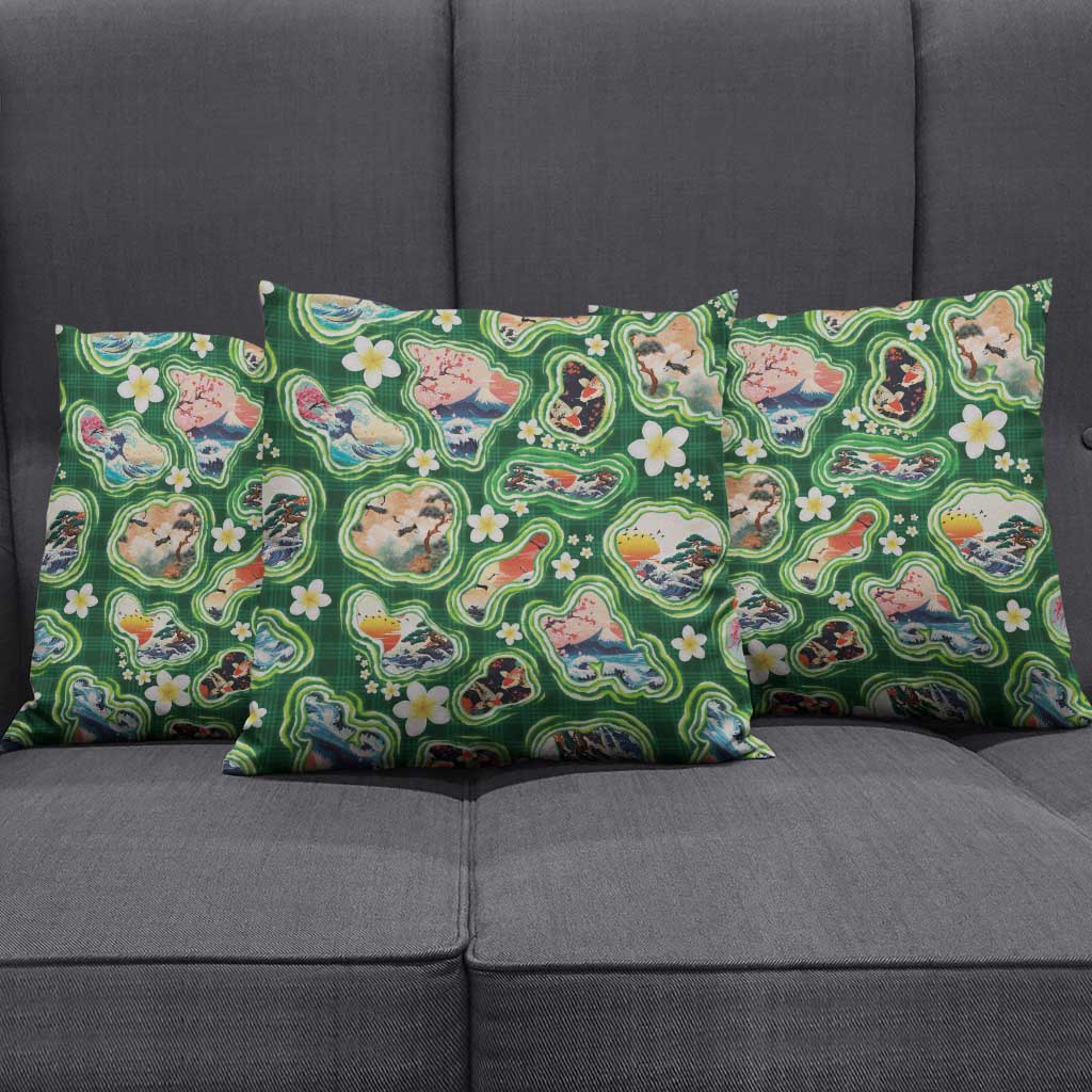 Hawaiian and Japanese Culture Together Pillow Cover Hawaiian Island Shapes with Japanese Landscape Green Color