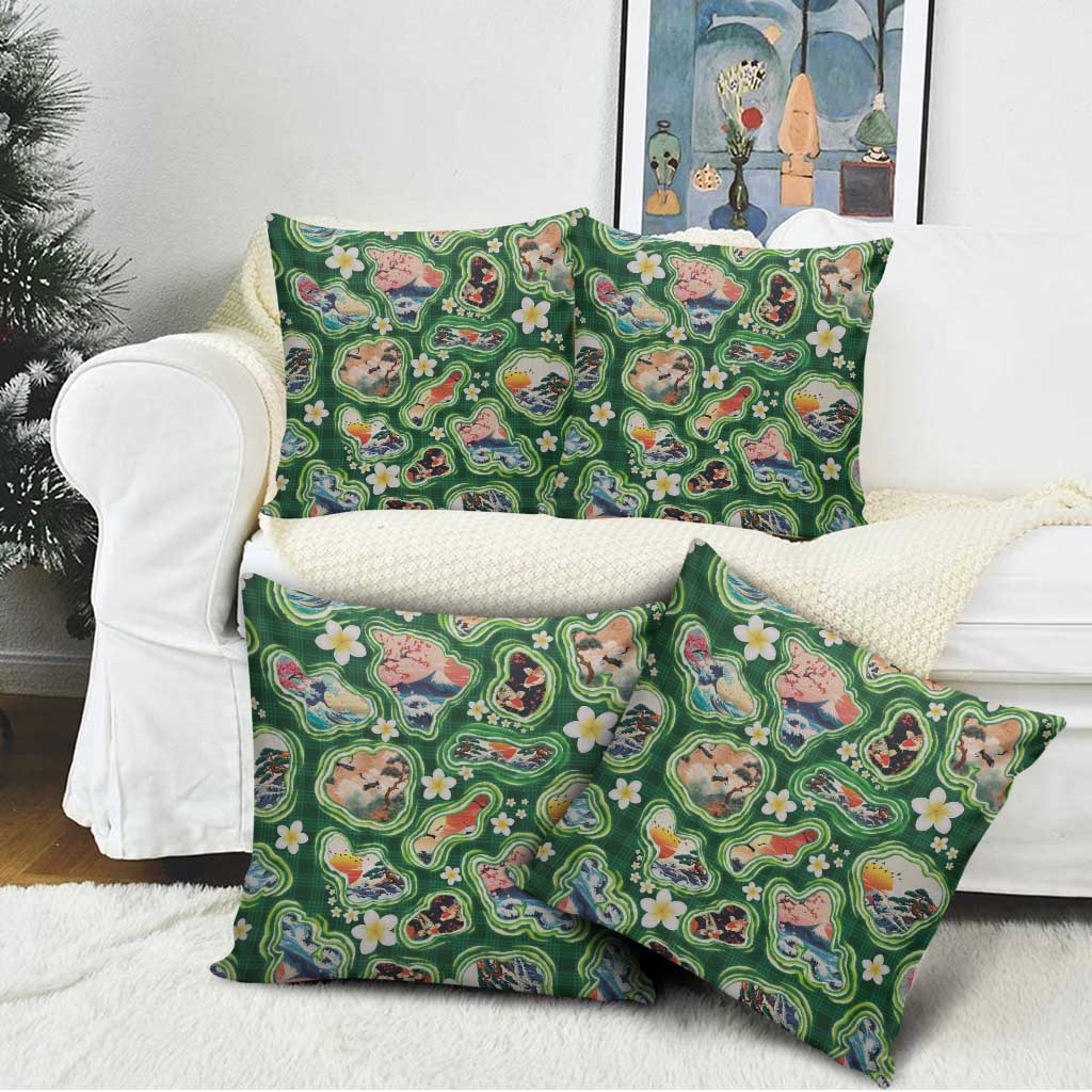 Hawaiian and Japanese Culture Together Pillow Cover Hawaiian Island Shapes with Japanese Landscape Green Color