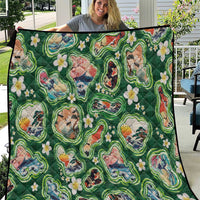 Hawaiian and Japanese Culture Together Quilt Hawaiian Island Shapes with Japanese Landscape Green Color