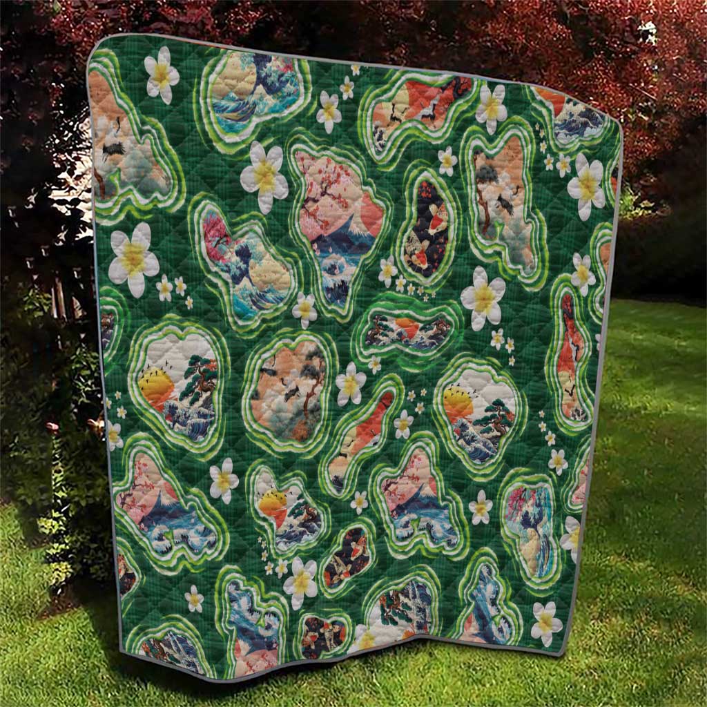 Hawaiian and Japanese Culture Together Quilt Hawaiian Island Shapes with Japanese Landscape Green Color