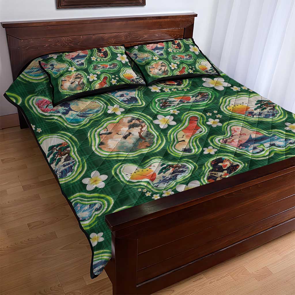 Hawaiian and Japanese Culture Together Quilt Bed Set Hawaiian Island Shapes with Japanese Landscape Green Color