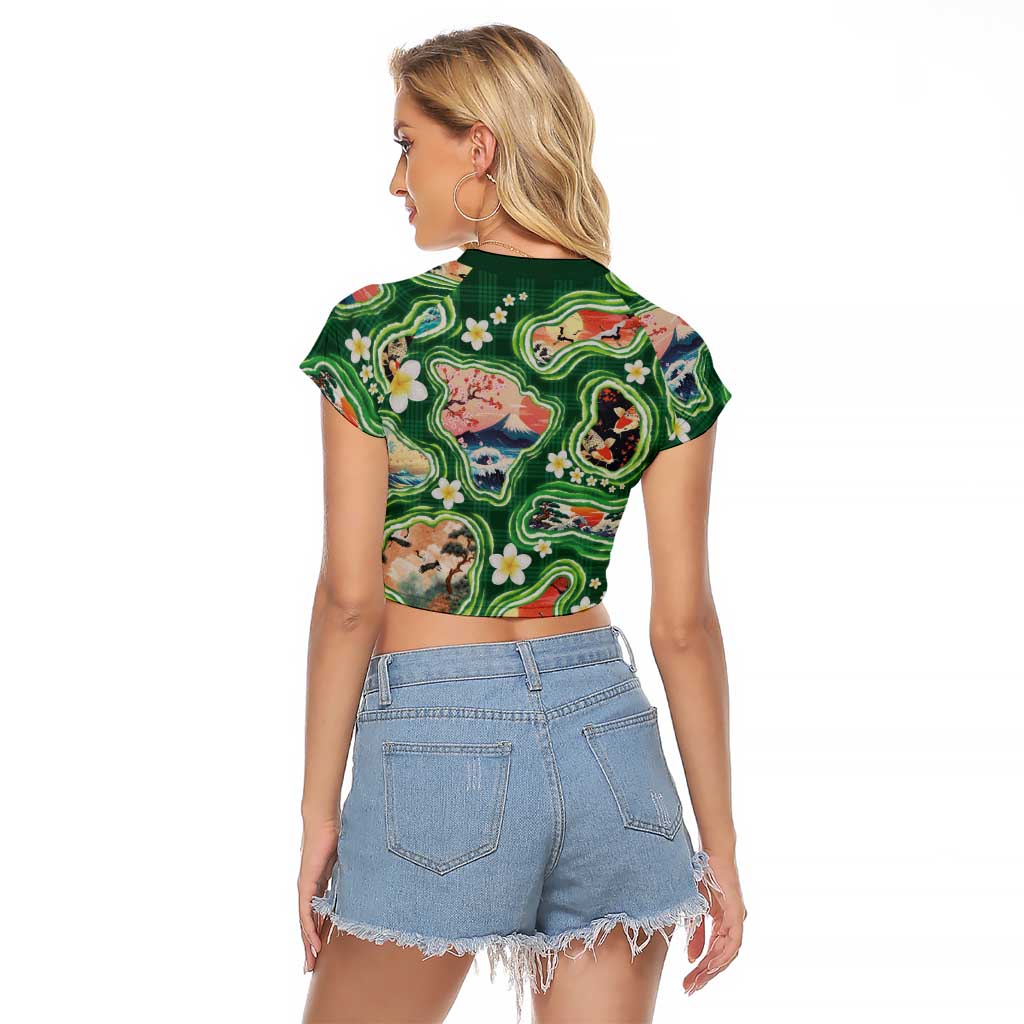 Hawaiian and Japanese Culture Together Raglan Cropped T Shirt Hawaiian Island Shapes with Japanese Landscape Green Color