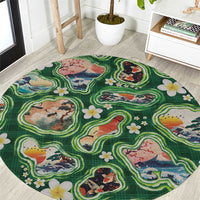 Hawaiian and Japanese Culture Together Round Carpet Hawaiian Island Shapes with Japanese Landscape Green Color