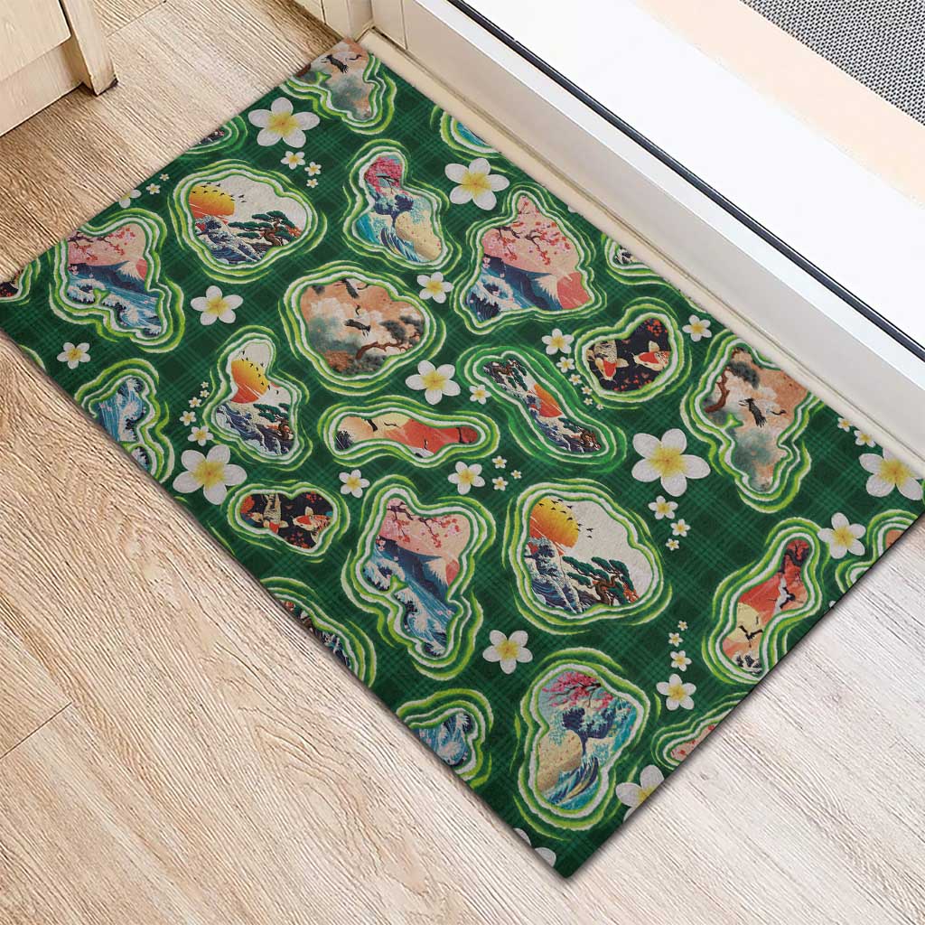 Hawaiian and Japanese Culture Together Rubber Doormat Hawaiian Island Shapes with Japanese Landscape Green Color