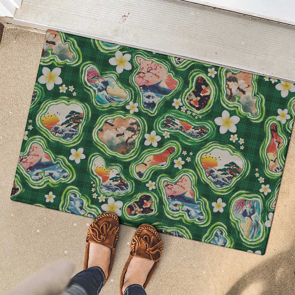 Hawaiian and Japanese Culture Together Rubber Doormat Hawaiian Island Shapes with Japanese Landscape Green Color