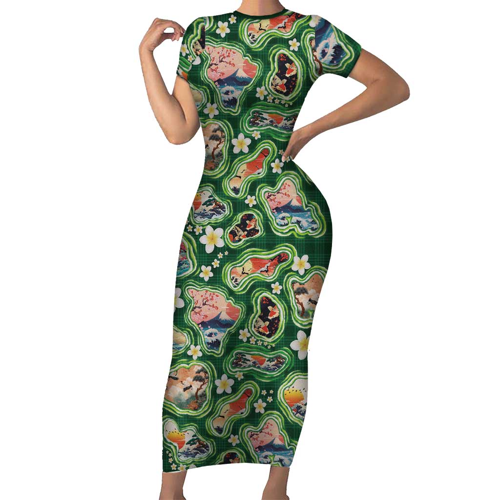 Hawaiian and Japanese Culture Together Short Sleeve Bodycon Dress Hawaiian Island Shapes with Japanese Landscape Green Color