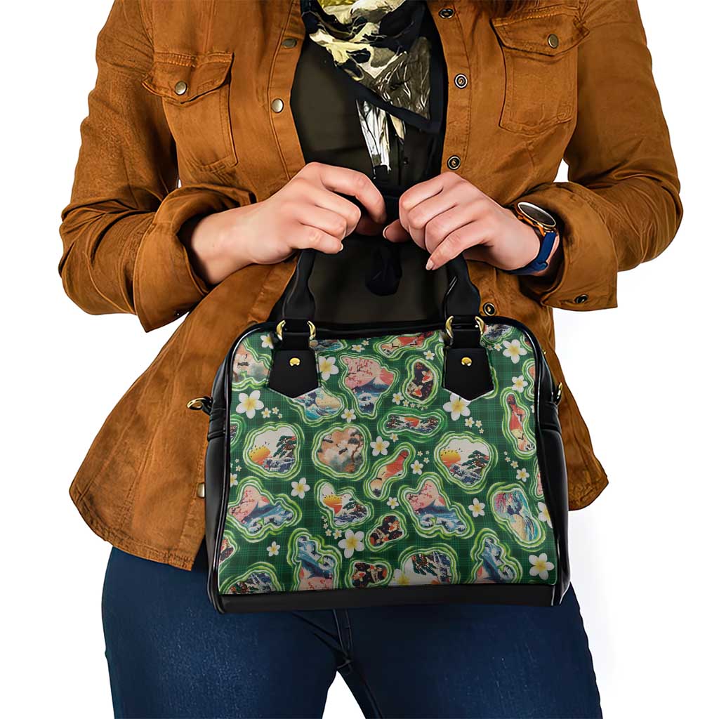 Hawaiian and Japanese Culture Together Shoulder Handbag Hawaiian Island Shapes with Japanese Landscape Green Color