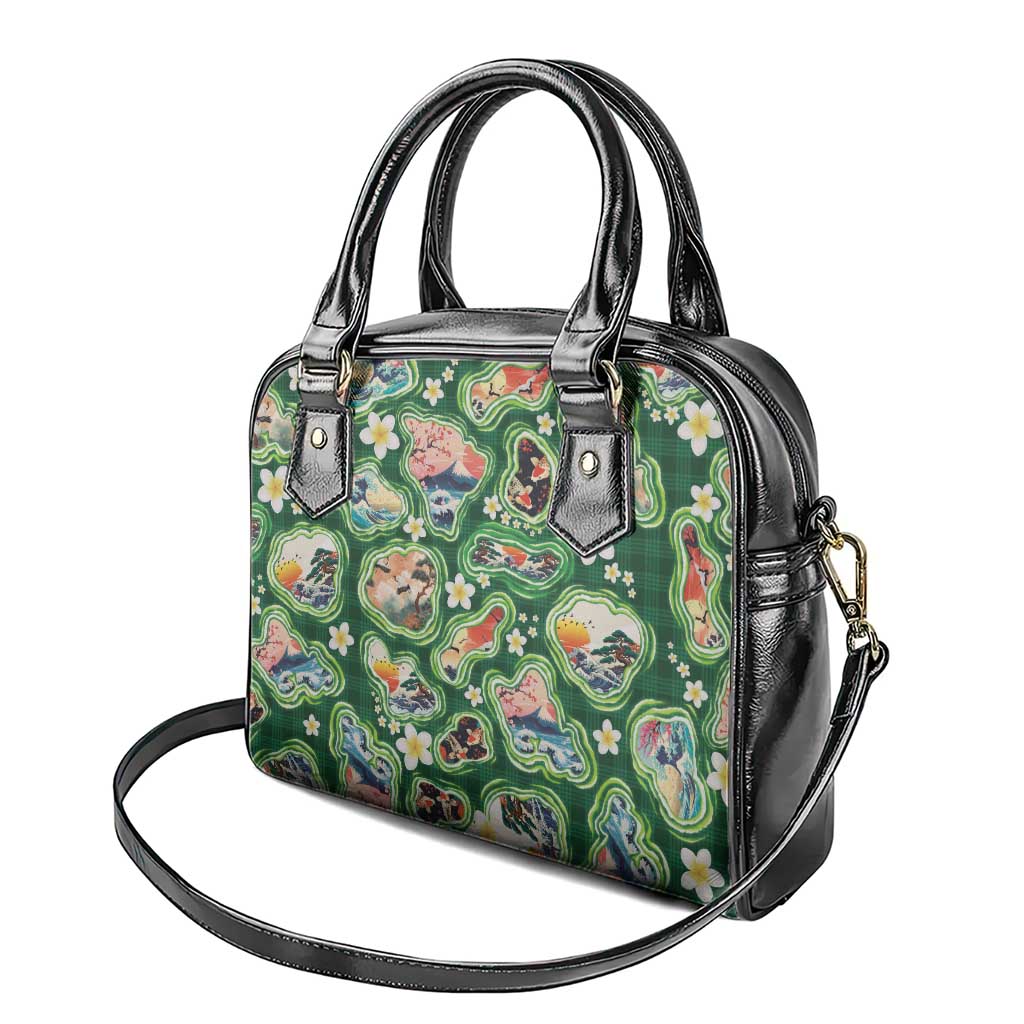 Hawaiian and Japanese Culture Together Shoulder Handbag Hawaiian Island Shapes with Japanese Landscape Green Color
