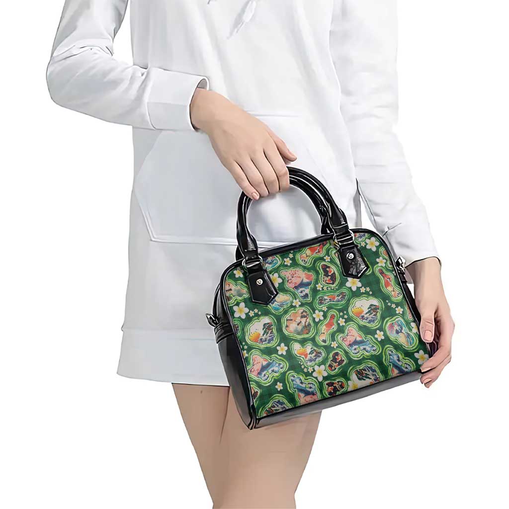 Hawaiian and Japanese Culture Together Shoulder Handbag Hawaiian Island Shapes with Japanese Landscape Green Color