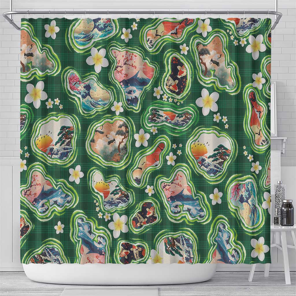 Hawaiian and Japanese Culture Together Shower Curtain Hawaiian Island Shapes with Japanese Landscape Green Color