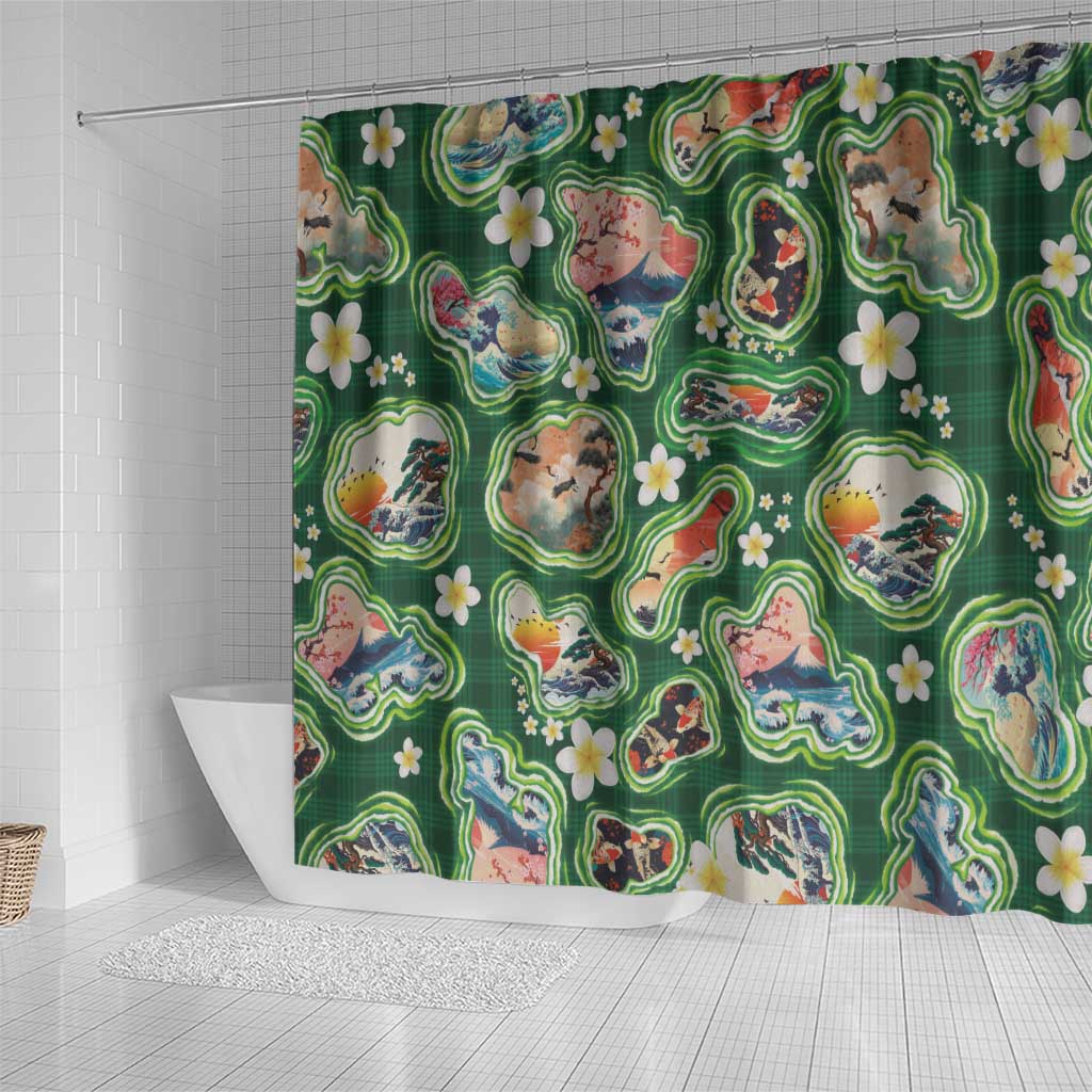 Hawaiian and Japanese Culture Together Shower Curtain Hawaiian Island Shapes with Japanese Landscape Green Color