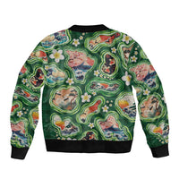Hawaiian and Japanese Culture Together Sleeve Zip Bomber Jacket Hawaiian Island Shapes with Japanese Landscape Green Color