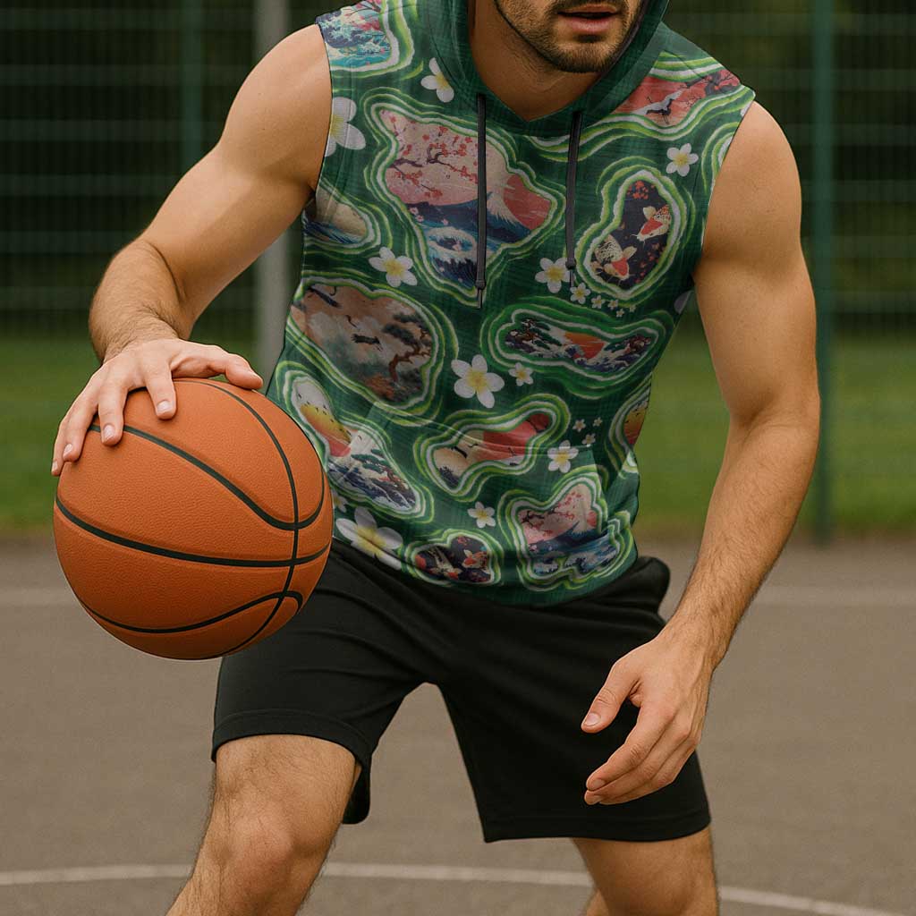 Hawaiian and Japanese Culture Together Sleeveless Hoodie Hawaiian Island Shapes with Japanese Landscape Green Color