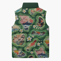 Hawaiian and Japanese Culture Together Sleeveless Puffer Jacket Hawaiian Island Shapes with Japanese Landscape Green Color
