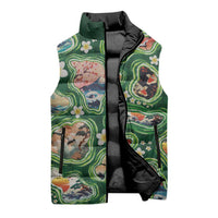 Hawaiian and Japanese Culture Together Sleeveless Puffer Jacket Hawaiian Island Shapes with Japanese Landscape Green Color