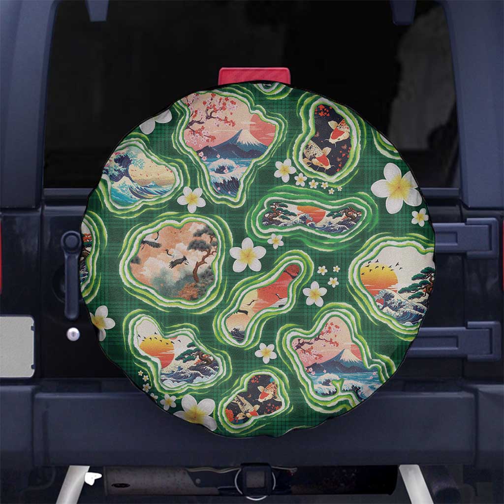 Hawaiian and Japanese Culture Together Spare Tire Cover Hawaiian Island Shapes with Japanese Landscape Green Color LT03 No hole Green - Polynesian Pride