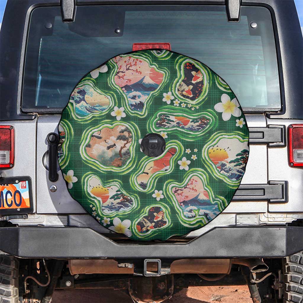 Hawaiian and Japanese Culture Together Spare Tire Cover Hawaiian Island Shapes with Japanese Landscape Green Color