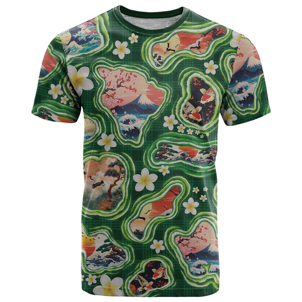 Hawaiian and Japanese Culture Together T Shirt Hawaiian Island Shapes with Japanese Landscape Green Color LT03 Green - Polynesian Pride