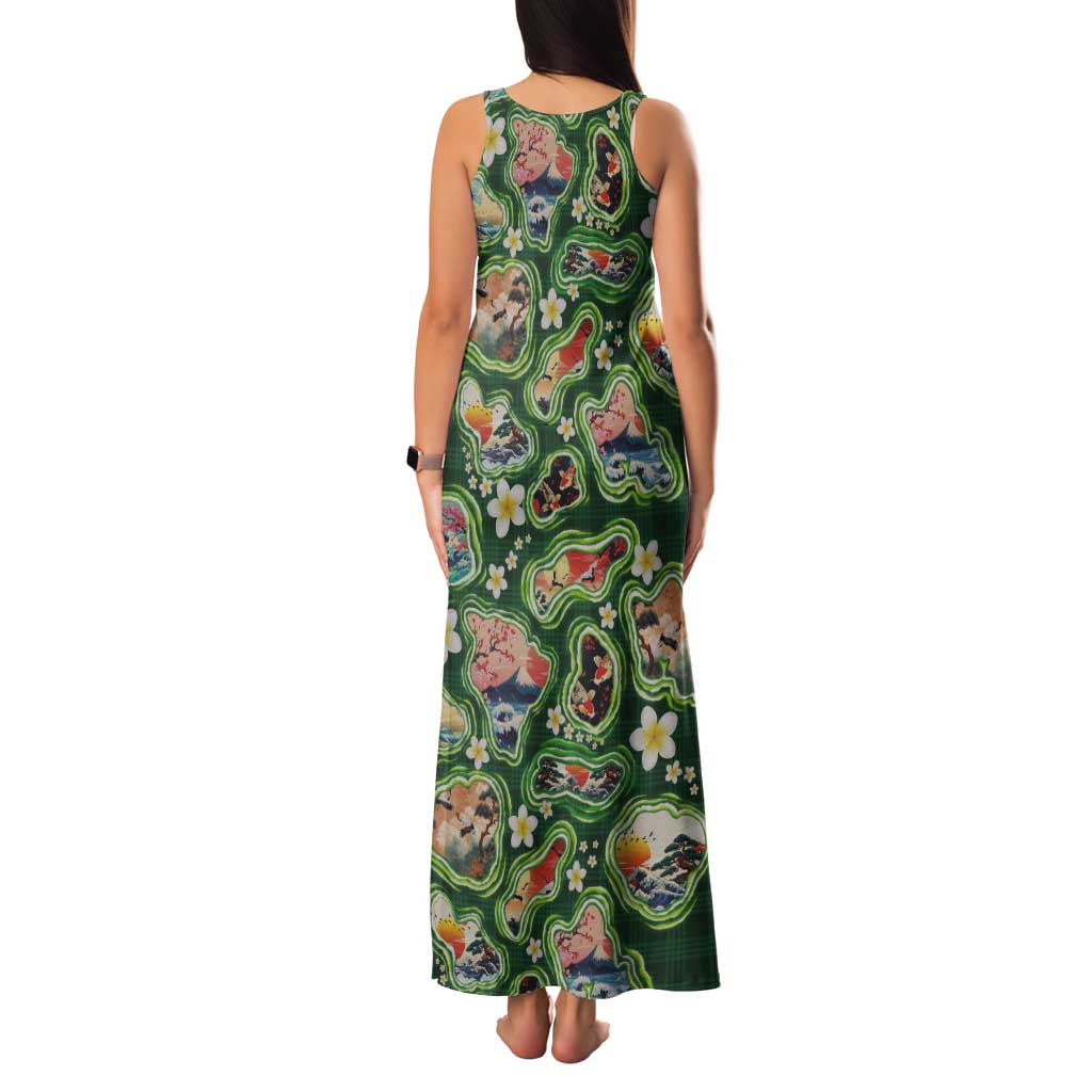 Hawaiian and Japanese Culture Together Tank Maxi Dress Hawaiian Island Shapes with Japanese Landscape Green Color