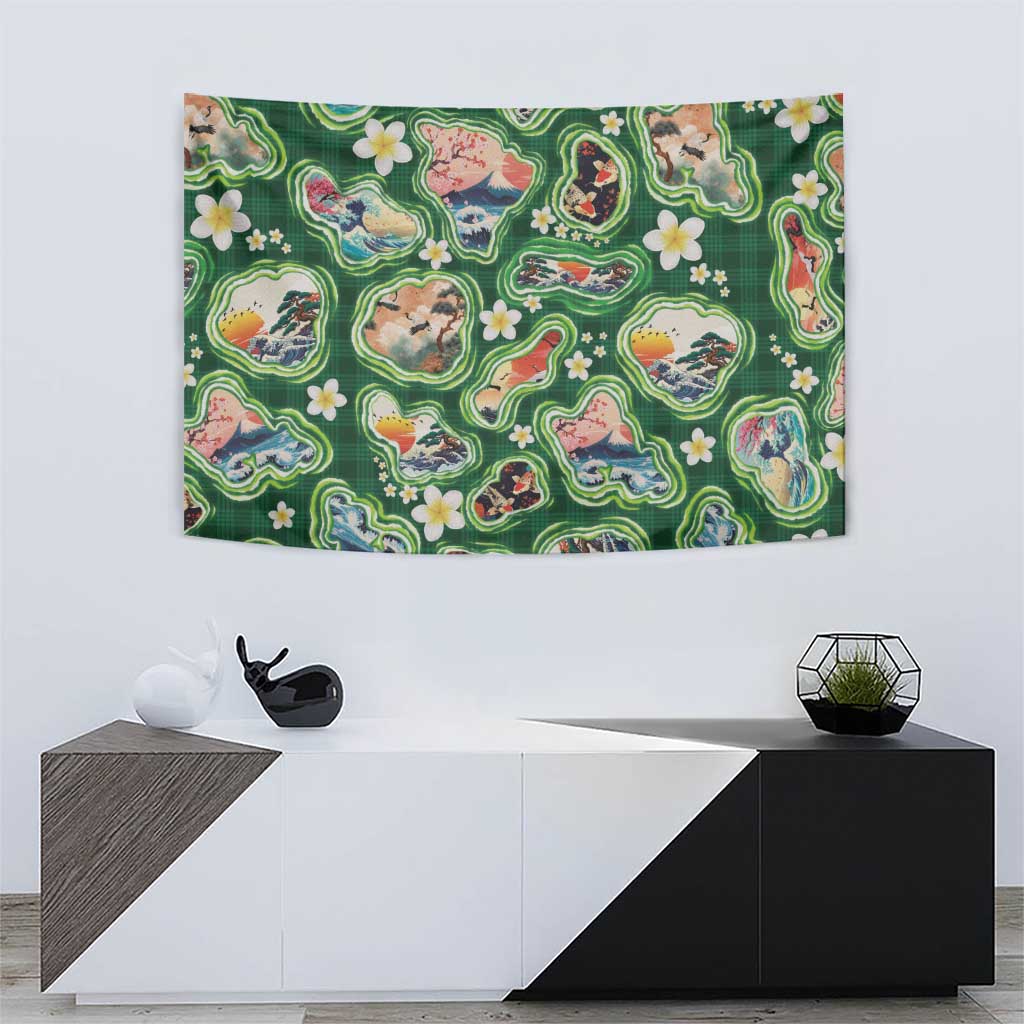 Hawaiian and Japanese Culture Together Tapestry Hawaiian Island Shapes with Japanese Landscape Green Color