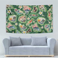 Hawaiian and Japanese Culture Together Tapestry Hawaiian Island Shapes with Japanese Landscape Green Color