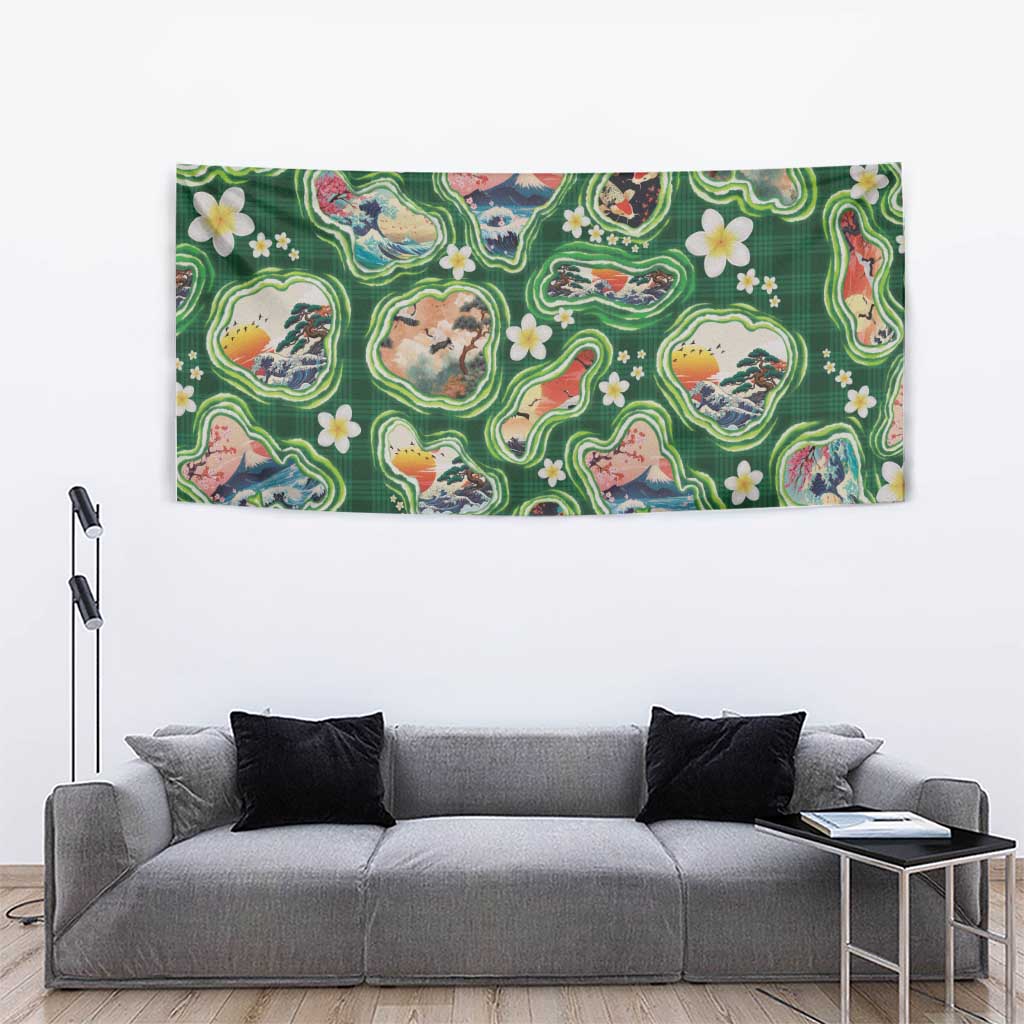 Hawaiian and Japanese Culture Together Tapestry Hawaiian Island Shapes with Japanese Landscape Green Color