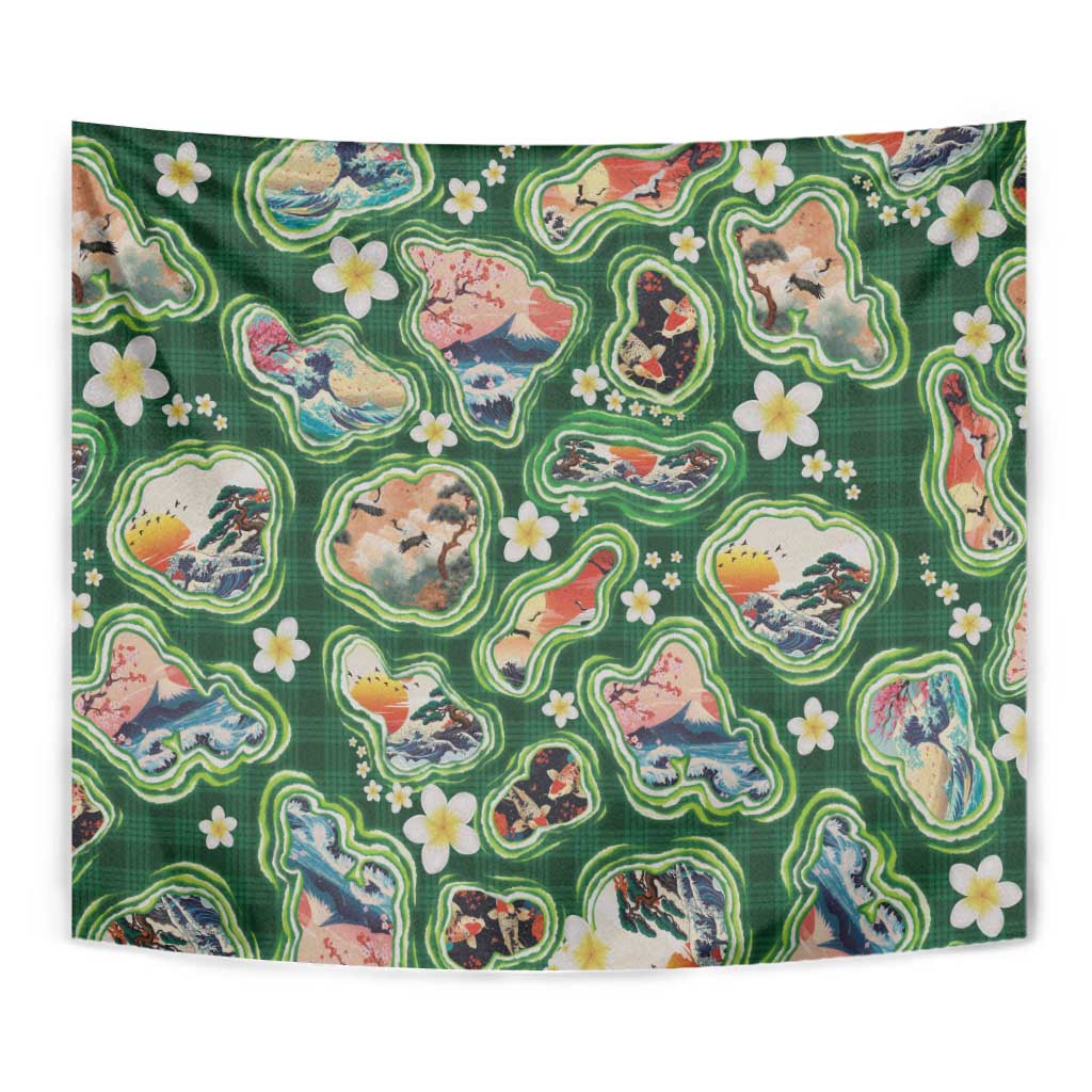 Hawaiian and Japanese Culture Together Tapestry Hawaiian Island Shapes with Japanese Landscape Green Color