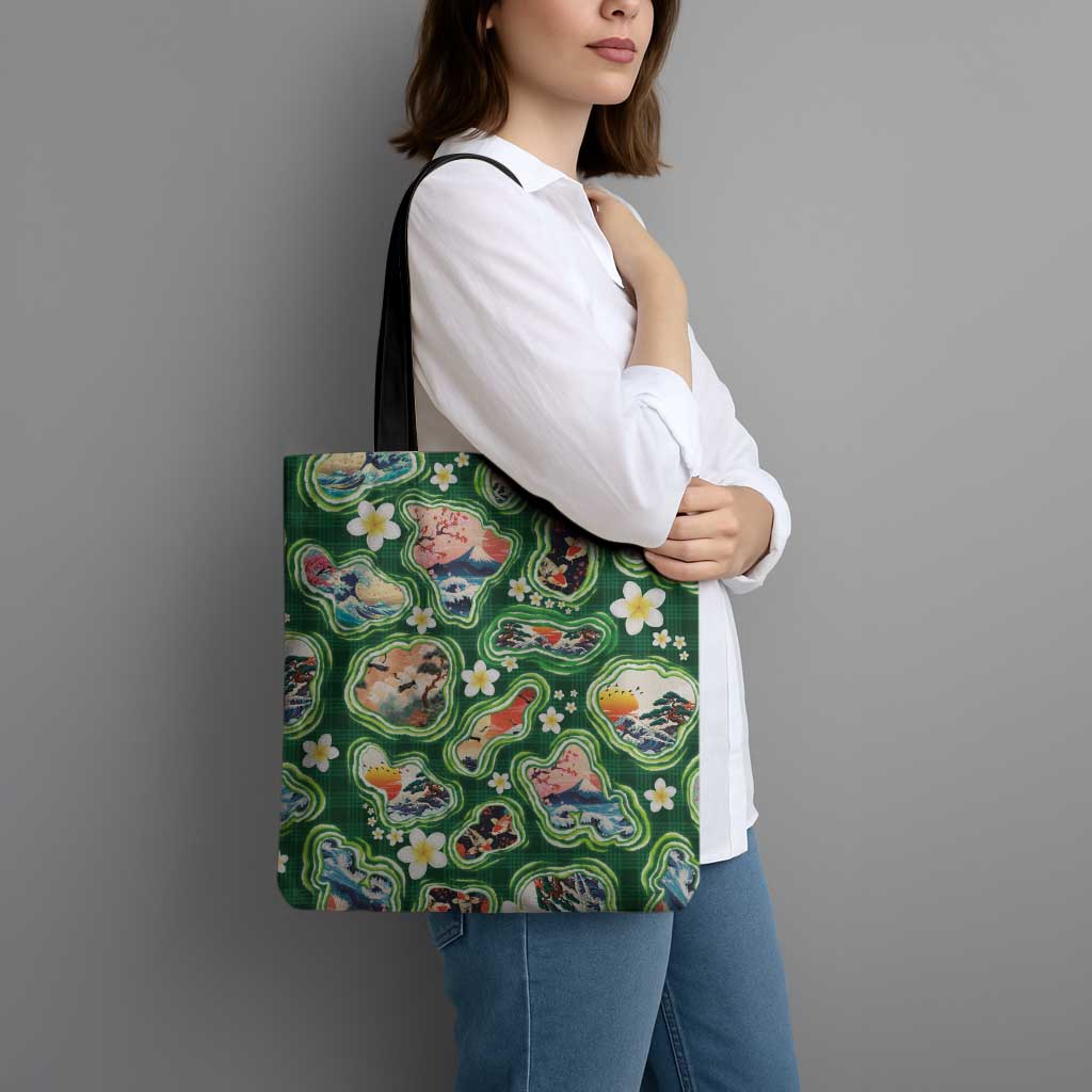 Hawaiian and Japanese Culture Together Tote Bag Hawaiian Island Shapes with Japanese Landscape Green Color