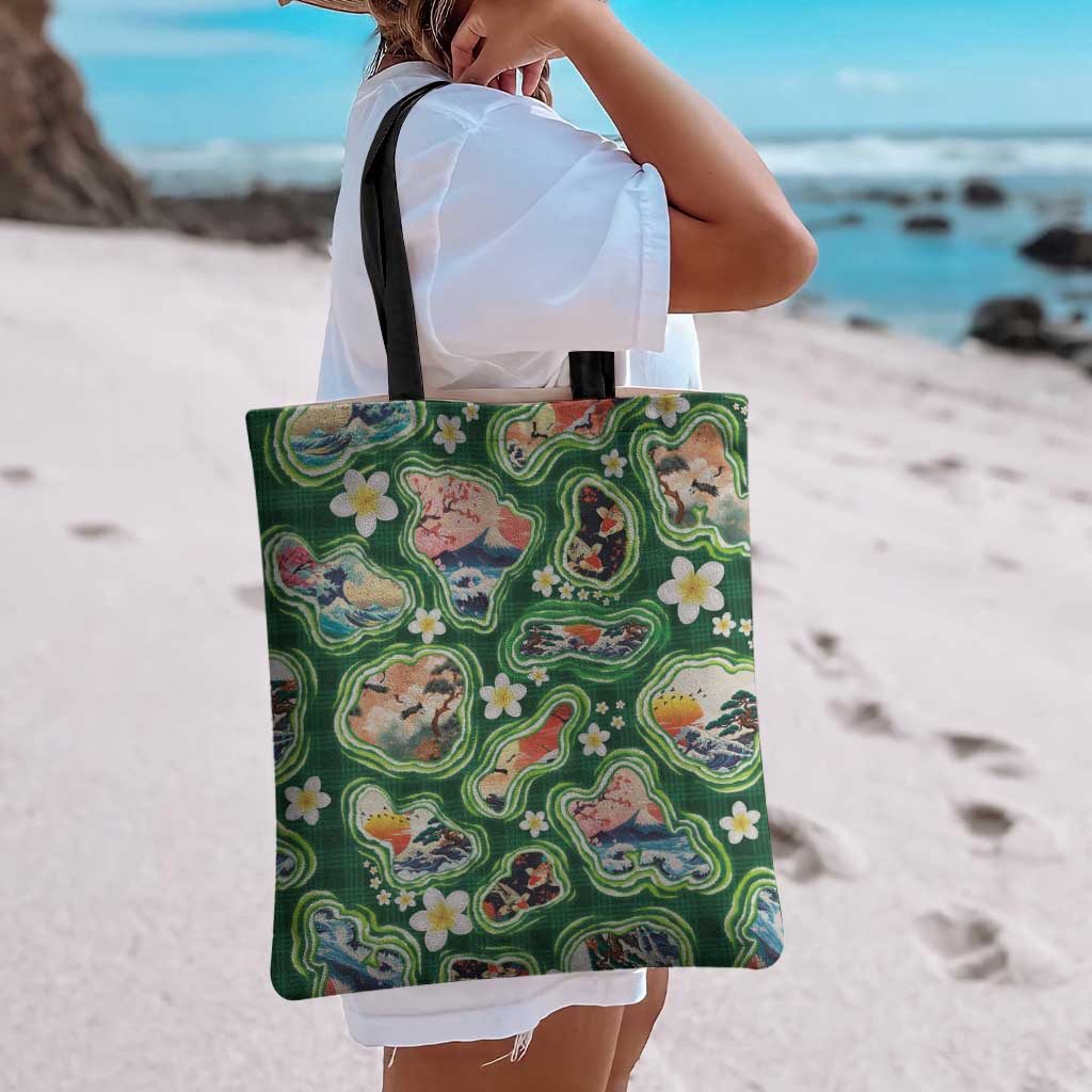 Hawaiian and Japanese Culture Together Tote Bag Hawaiian Island Shapes with Japanese Landscape Green Color