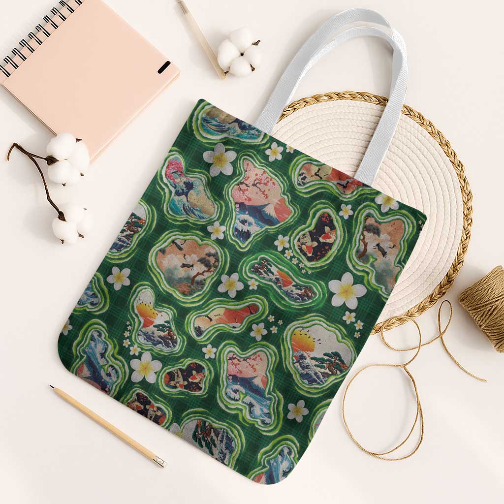 Hawaiian and Japanese Culture Together Tote Bag Hawaiian Island Shapes with Japanese Landscape Green Color
