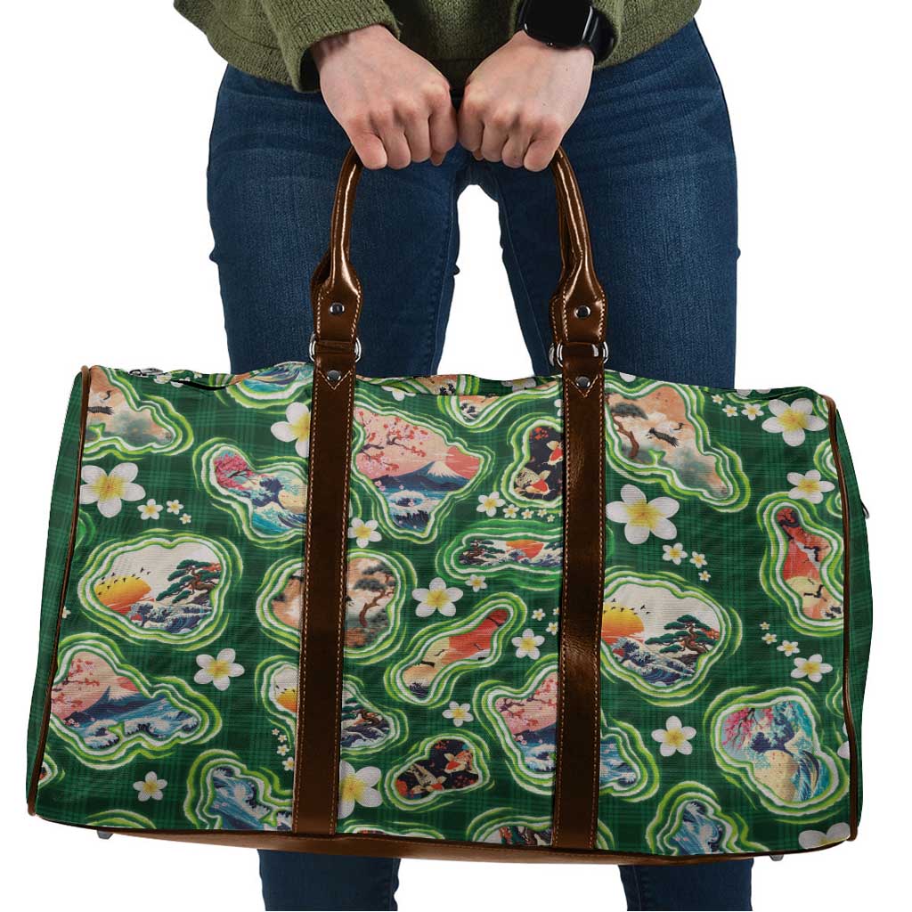 Hawaiian and Japanese Culture Together Travel Bag Hawaiian Island Shapes with Japanese Landscape Green Color