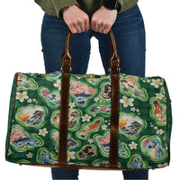 Hawaiian and Japanese Culture Together Travel Bag Hawaiian Island Shapes with Japanese Landscape Green Color
