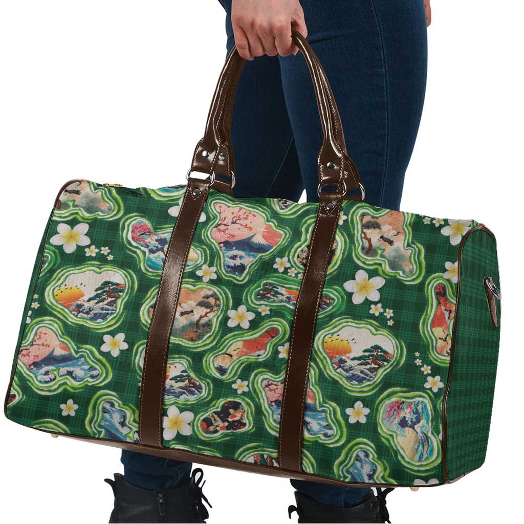 Hawaiian and Japanese Culture Together Travel Bag Hawaiian Island Shapes with Japanese Landscape Green Color