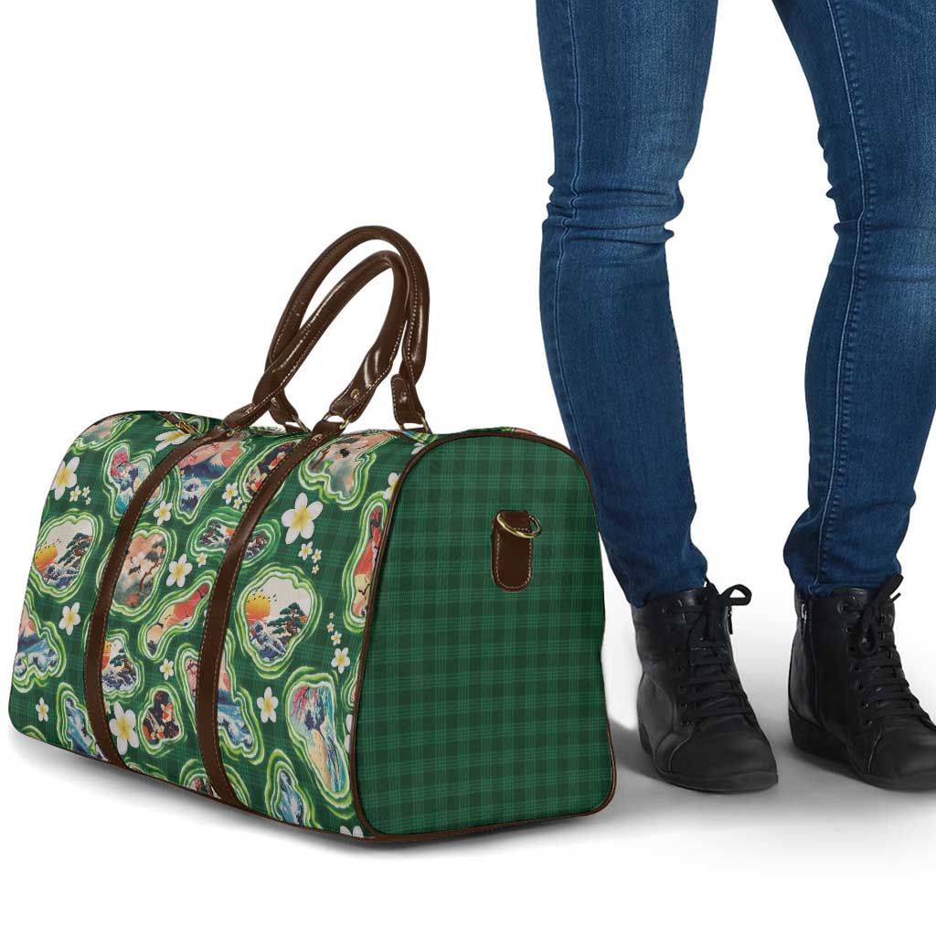Hawaiian and Japanese Culture Together Travel Bag Hawaiian Island Shapes with Japanese Landscape Green Color