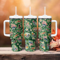Hawaiian and Japanese Culture Together Tumbler With Handle Hawaiian Island Shapes with Japanese Landscape Green Color