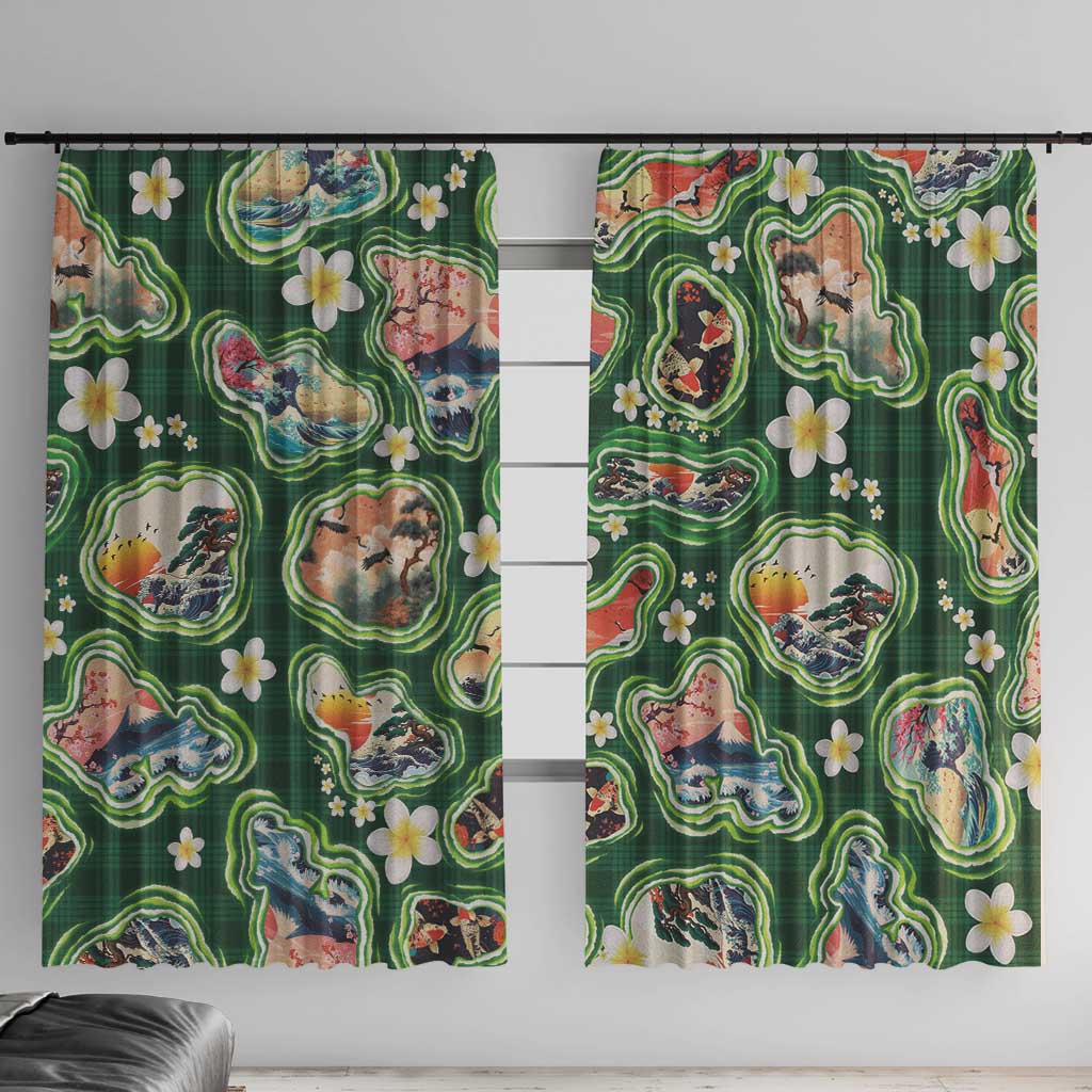 Hawaiian and Japanese Culture Together Window Curtain Hawaiian Island Shapes with Japanese Landscape Green Color