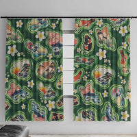 Hawaiian and Japanese Culture Together Window Curtain Hawaiian Island Shapes with Japanese Landscape Green Color