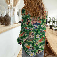 Hawaiian and Japanese Culture Together Women Casual Shirt Hawaiian Island Shapes with Japanese Landscape Green Color