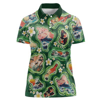 Hawaiian and Japanese Culture Together Women Polo Shirt Hawaiian Island Shapes with Japanese Landscape Green Color