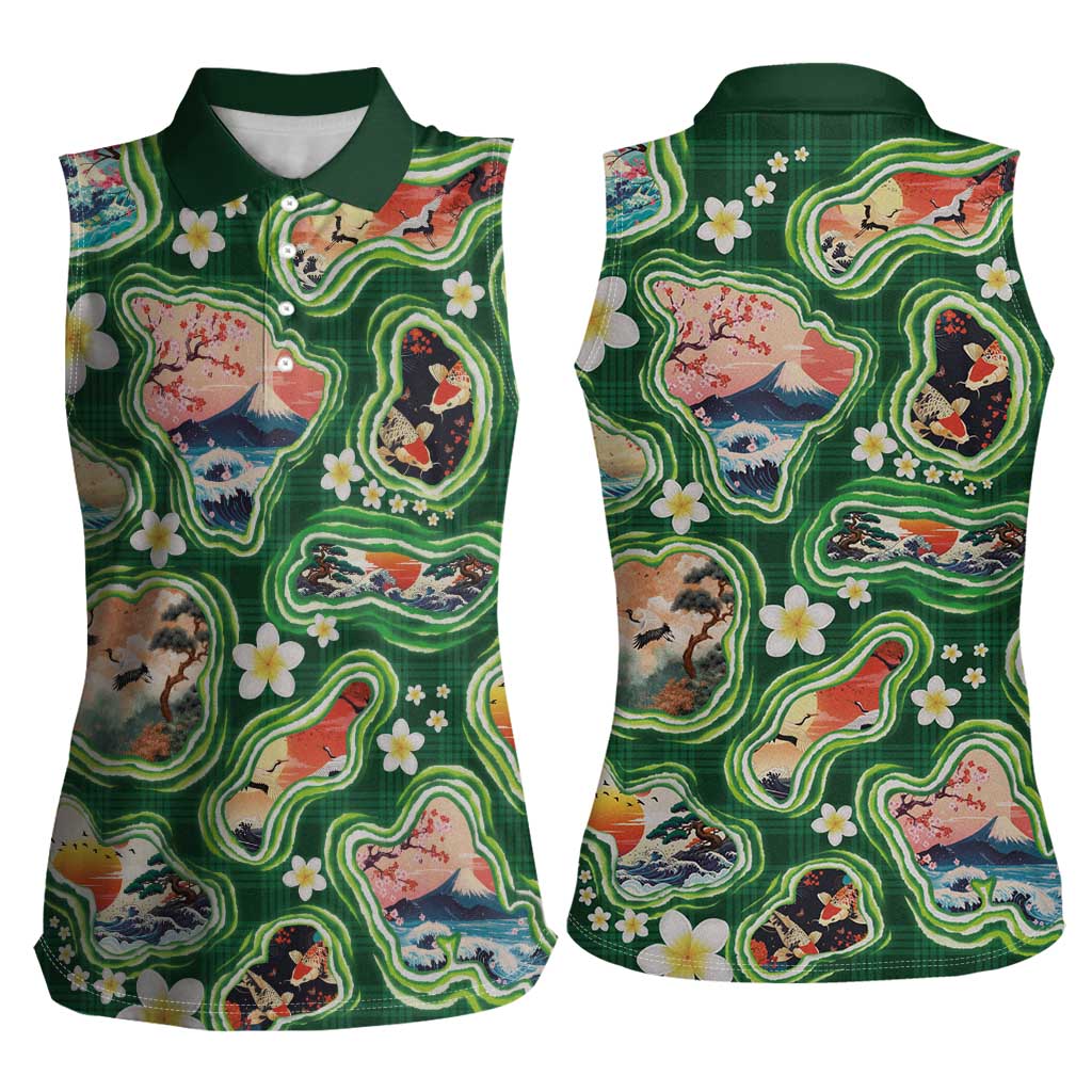 Hawaiian and Japanese Culture Together Women Sleeveless Polo Shirt Hawaiian Island Shapes with Japanese Landscape Green Color