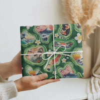 Hawaiian and Japanese Culture Together Wrapping Paper Hawaiian Island Shapes with Japanese Landscape Green Color