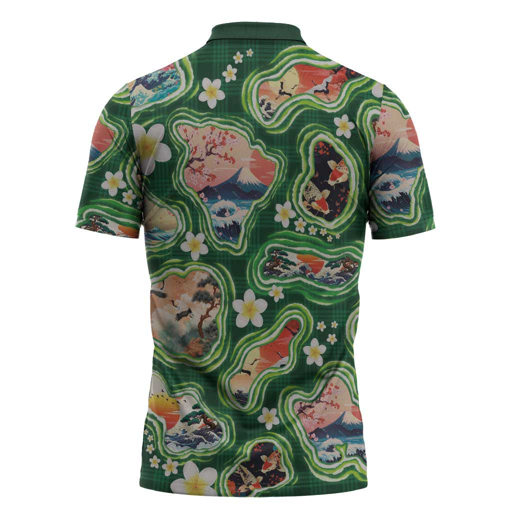 Hawaiian and Japanese Culture Together Zipper Polo Shirt Hawaiian Island Shapes with Japanese Landscape Green Color