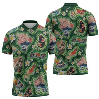 Hawaiian and Japanese Culture Together Zipper Polo Shirt Hawaiian Island Shapes with Japanese Landscape Green Color