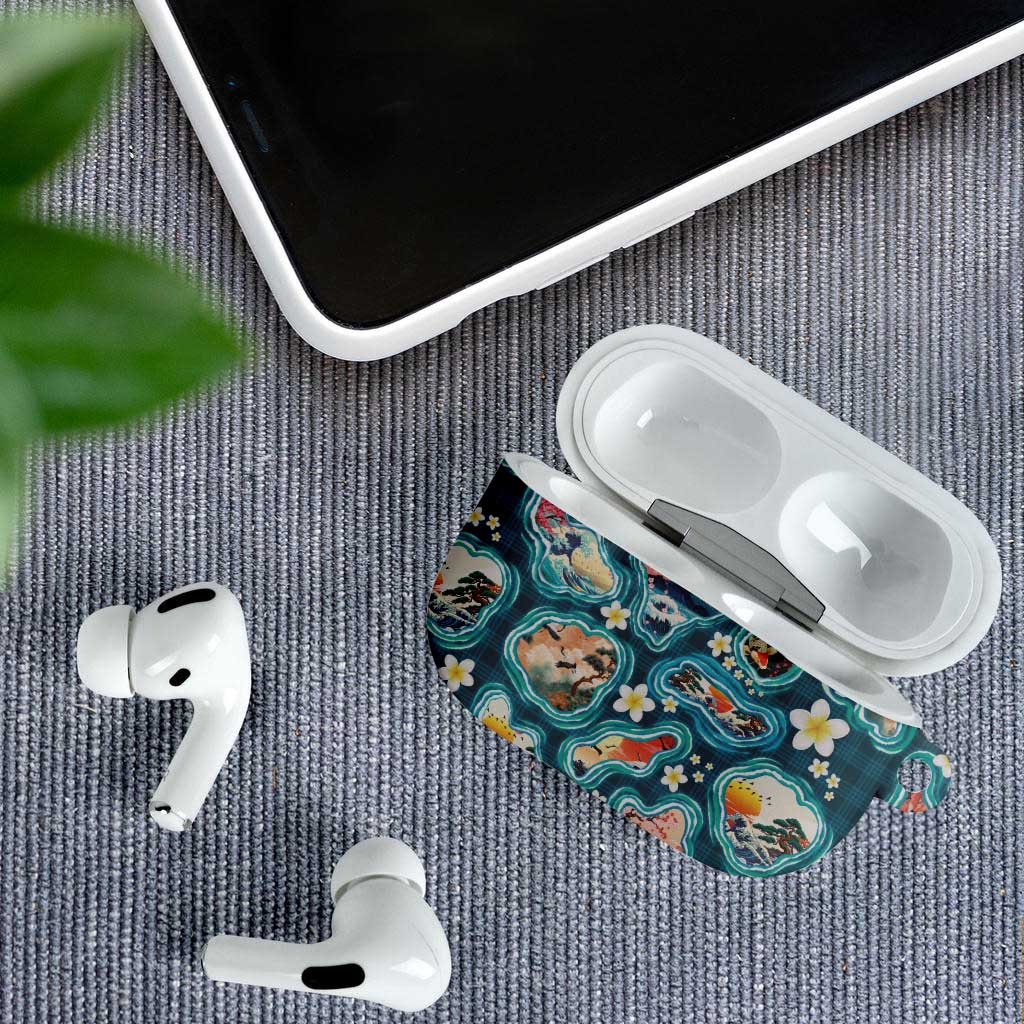 Hawaiian and Japanese Culture Together AirPods Case Hawaiian Island Shapes with Japanese Landscape Teal Color