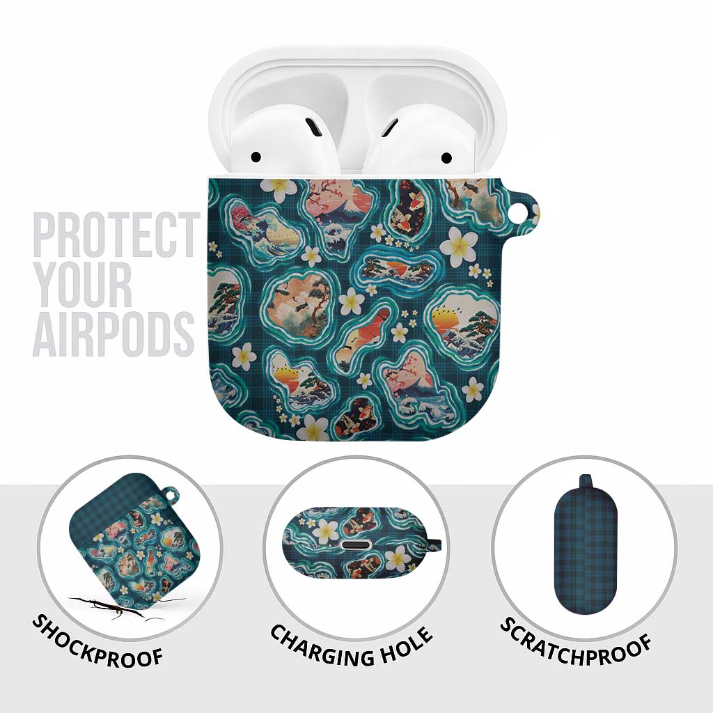 Hawaiian and Japanese Culture Together AirPods Case Hawaiian Island Shapes with Japanese Landscape Teal Color