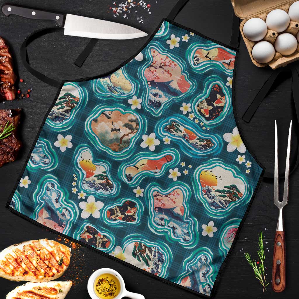 Hawaiian and Japanese Culture Together Apron Hawaiian Island Shapes with Japanese Landscape Teal Color