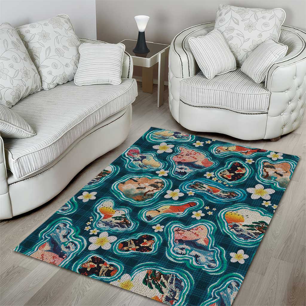Hawaiian and Japanese Culture Together Area Rug Hawaiian Island Shapes with Japanese Landscape Teal Color
