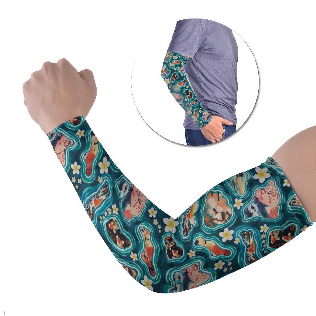 Hawaiian and Japanese Culture Together Arm Sleeves Hawaiian Island Shapes with Japanese Landscape Teal Color